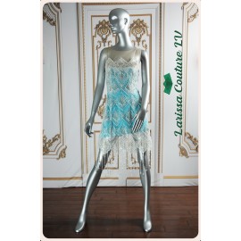 Elsa White/Aqua Short Beaded Dress