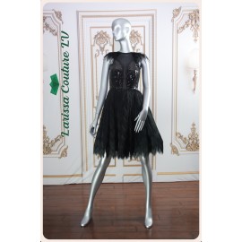 Aubrey Faux Feather Fringe Black Short Dress