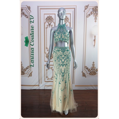 Jasmine Teal Beaded Mesh Cream Color Two Piece Straight Dress