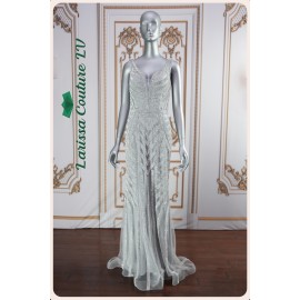 Ava Silver Rhinestones Mesh A-Line Long Dress