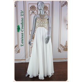 Ivy A-Line White Chiffon and Gold Beaded Dress