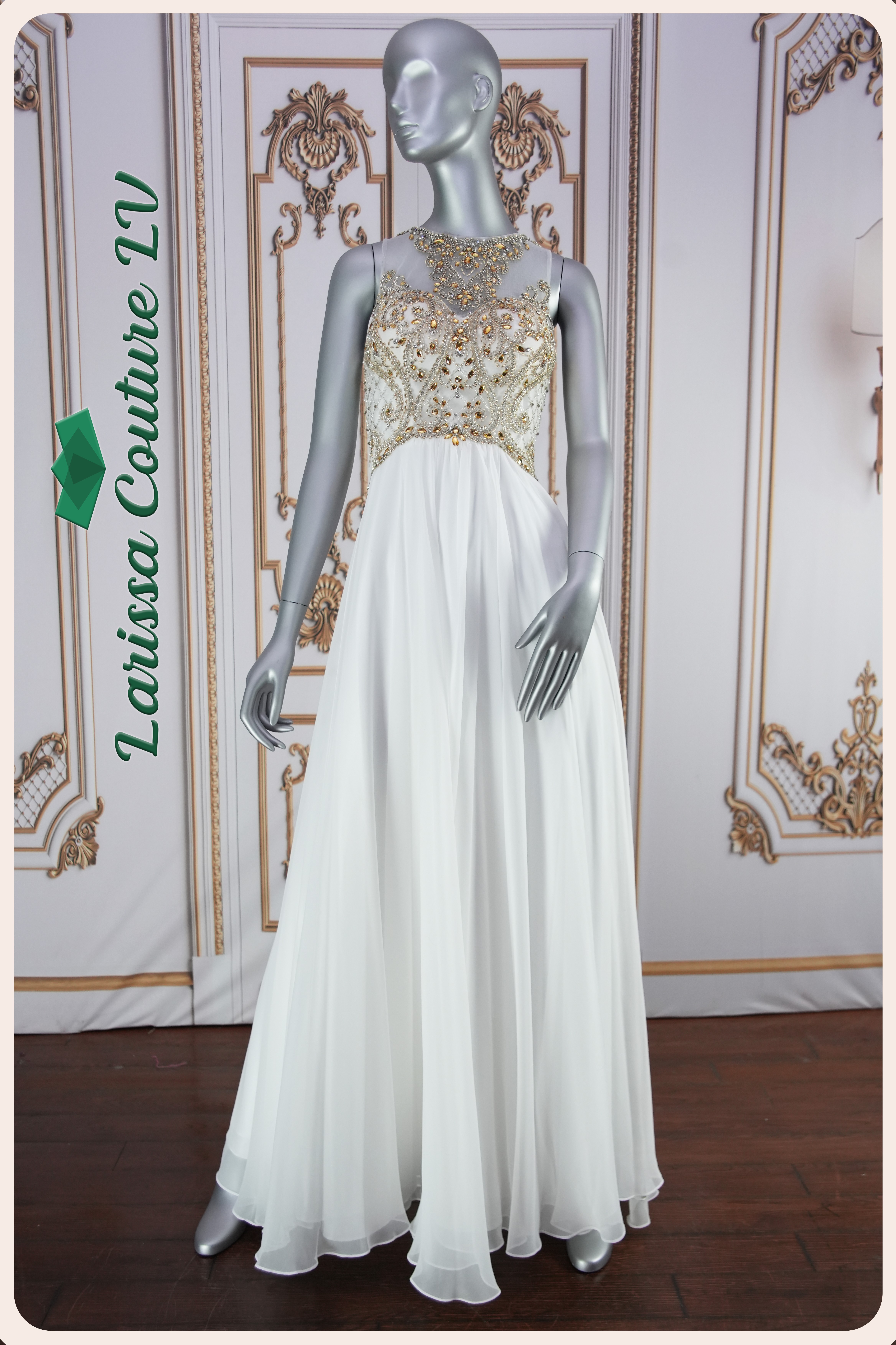 Ivy A-Line White Chiffon and Gold Beaded Dress - Larissa Couture LV