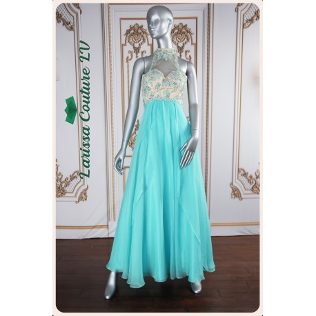 Audrey Aqua Top Beige Beaded Long Dress