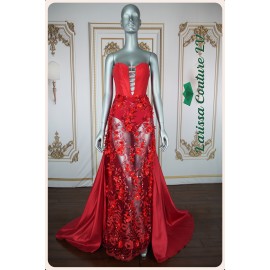 Alora Red 3D Floral Lace See Thru Long Dress