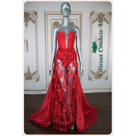 Alora Red 3D Floral Lace See Thru Long Dress